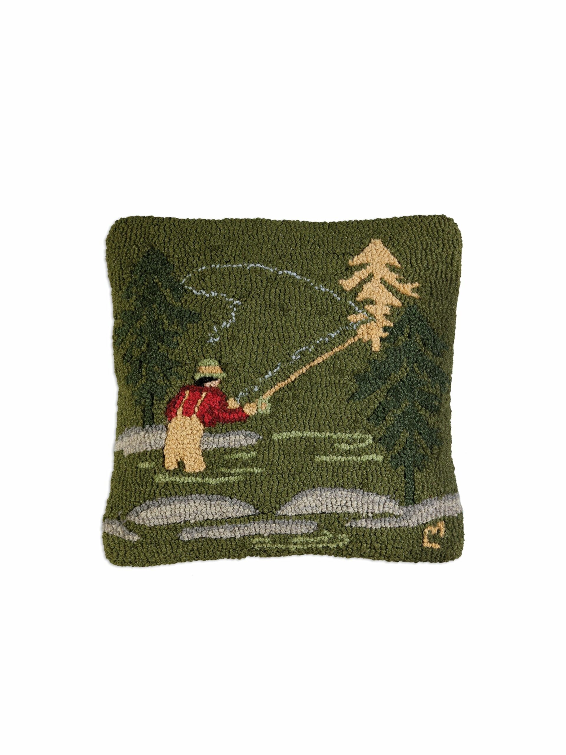 Fly Fisherman Hooked Wool Square Pillow