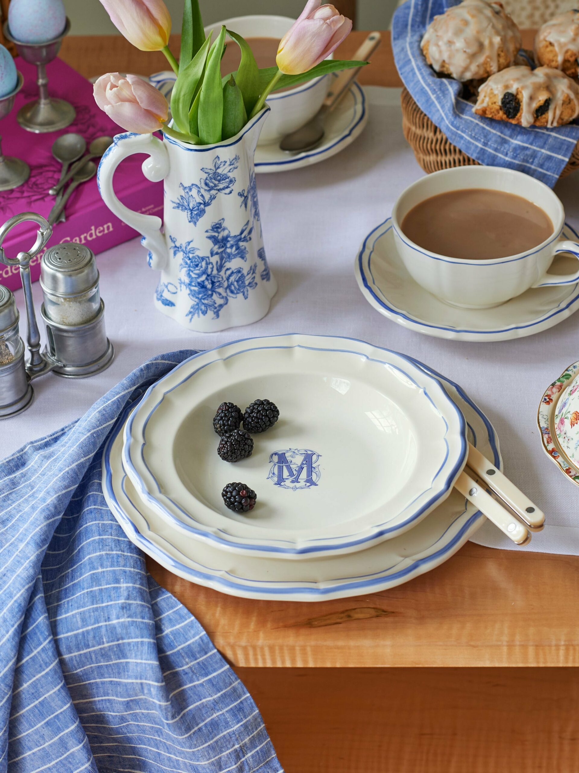 Gien Filet Blue Monogram Soup Plate