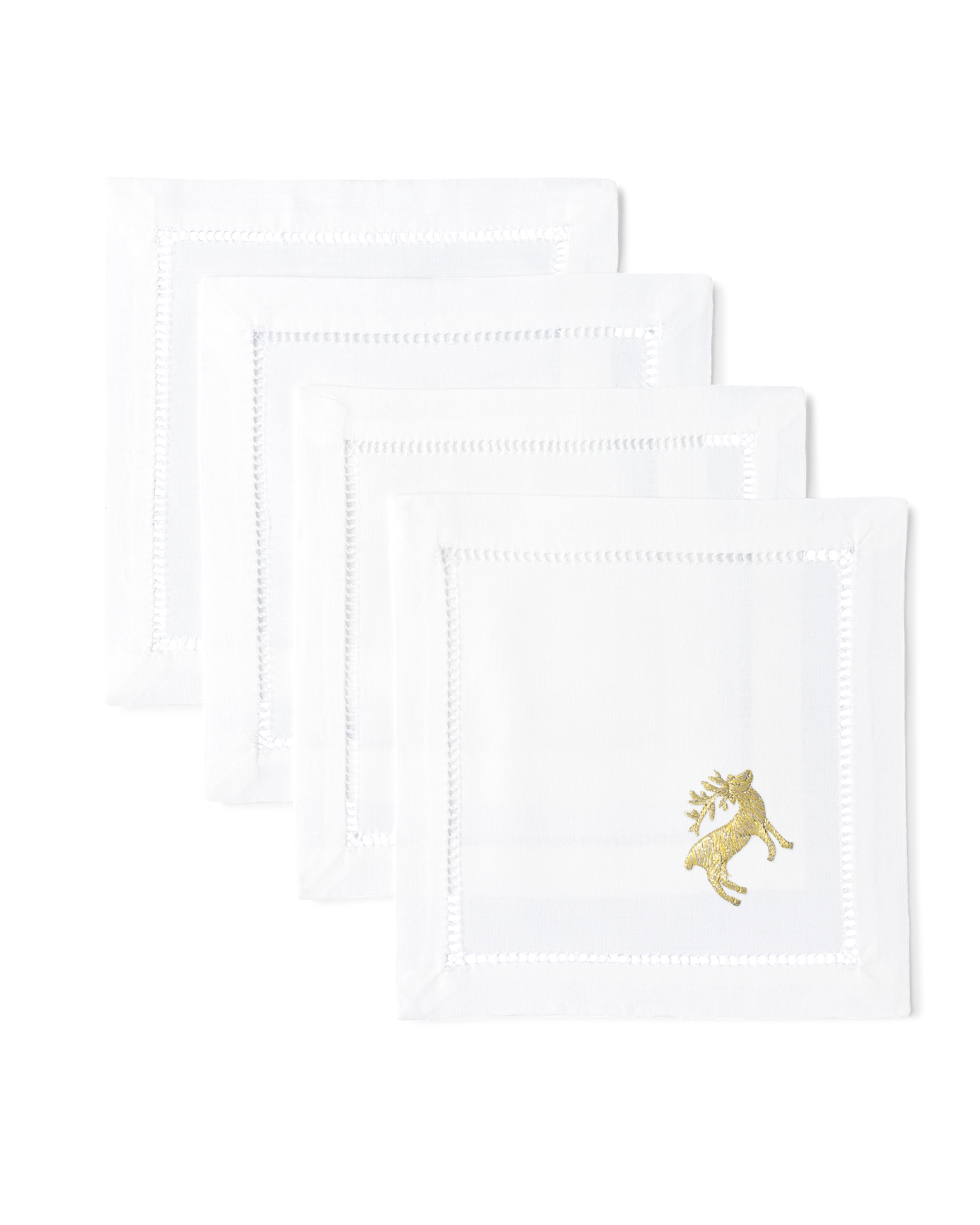 Embroidered Gold Reindeer Cocktail Napkin Set