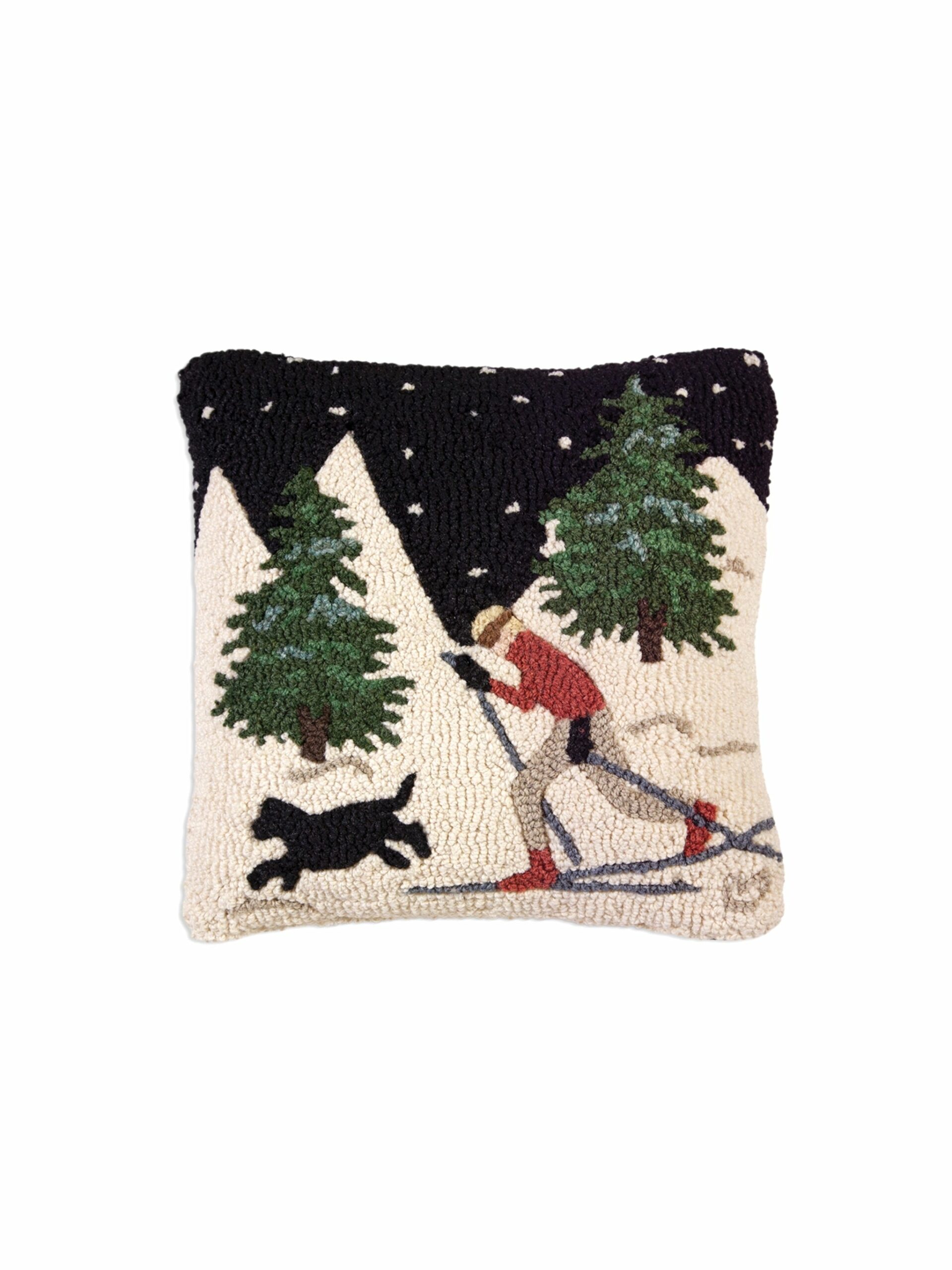 Night Skiing with Dog Hooked Wool Square Pillow