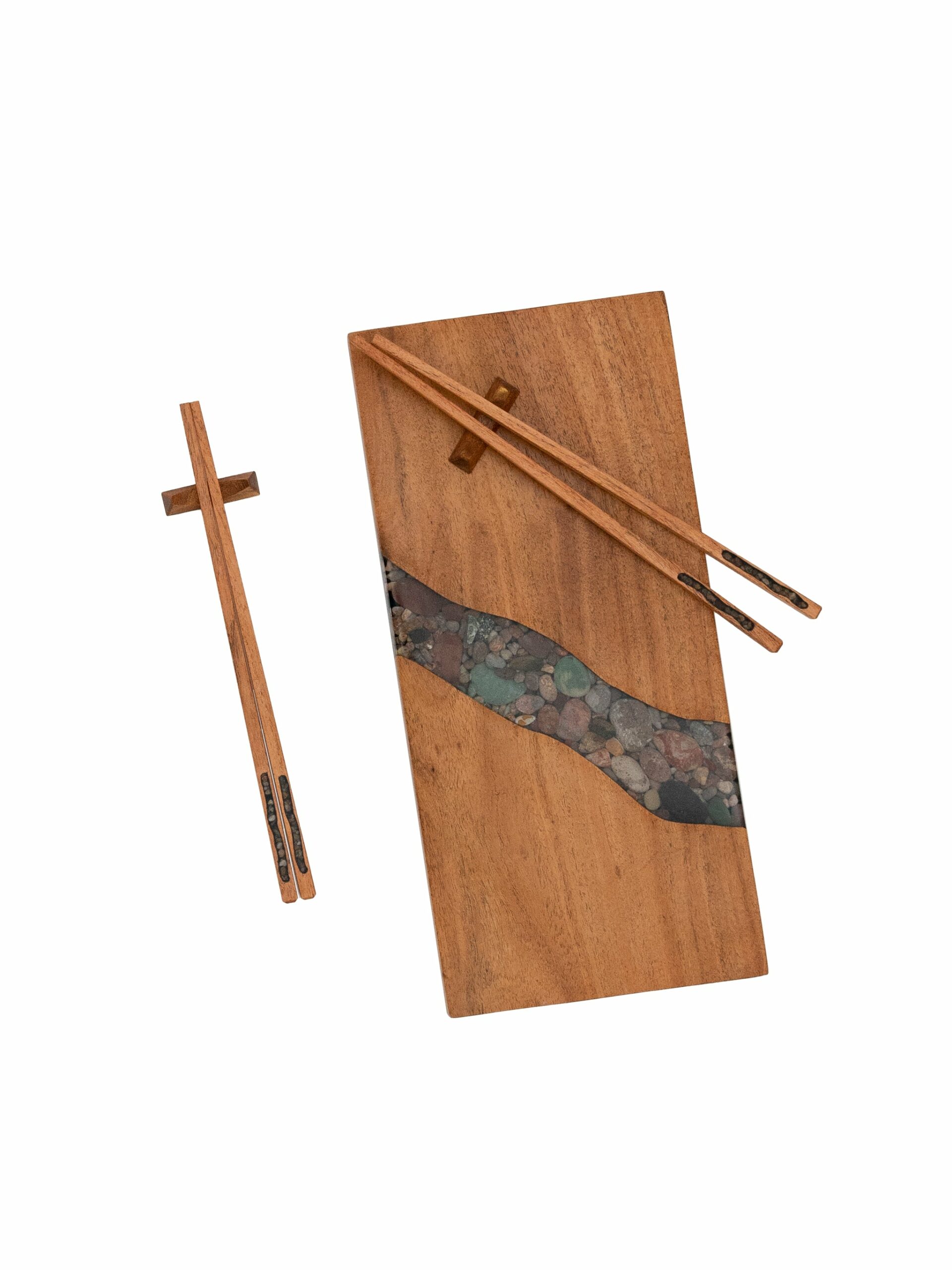 River Rock Inlay Sushi Board and Chopsticks