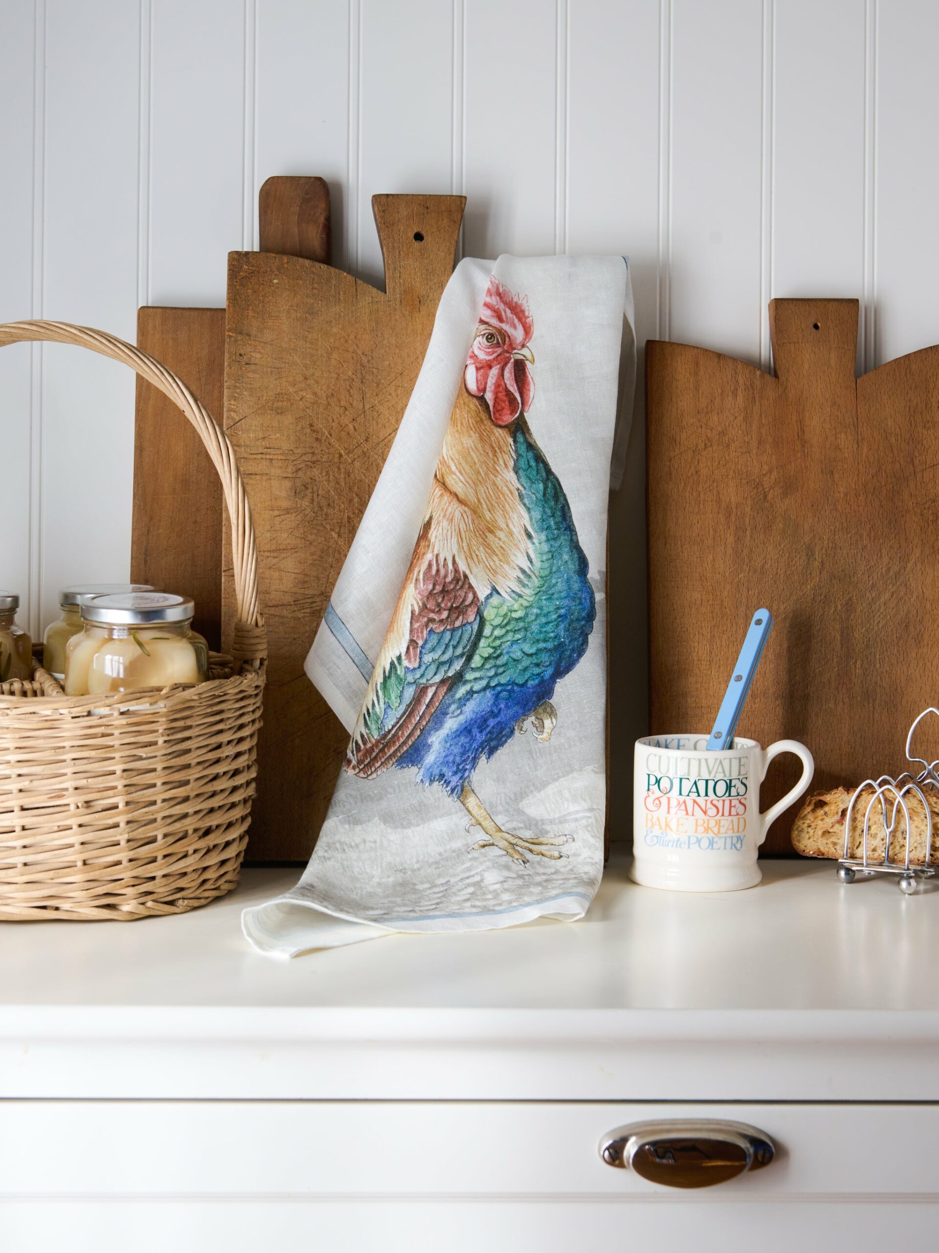 Rooster Blue Border Kitchen Towel