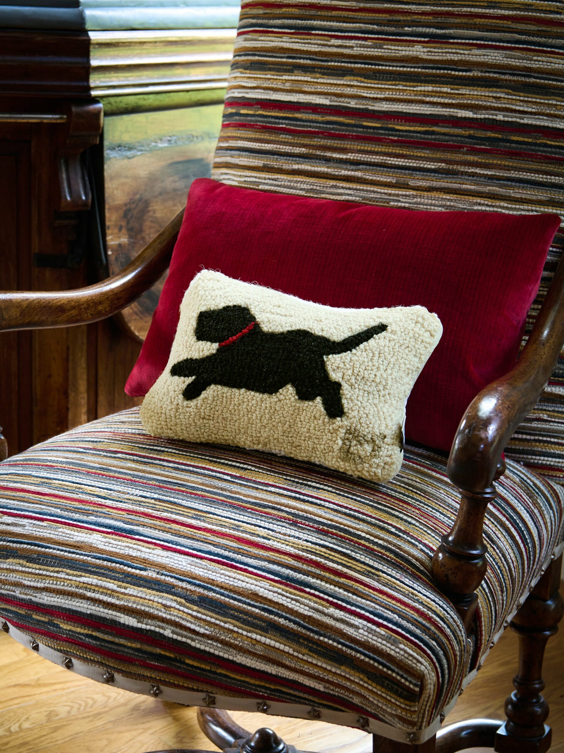 Running Black Lab Hooked Wool Pillow