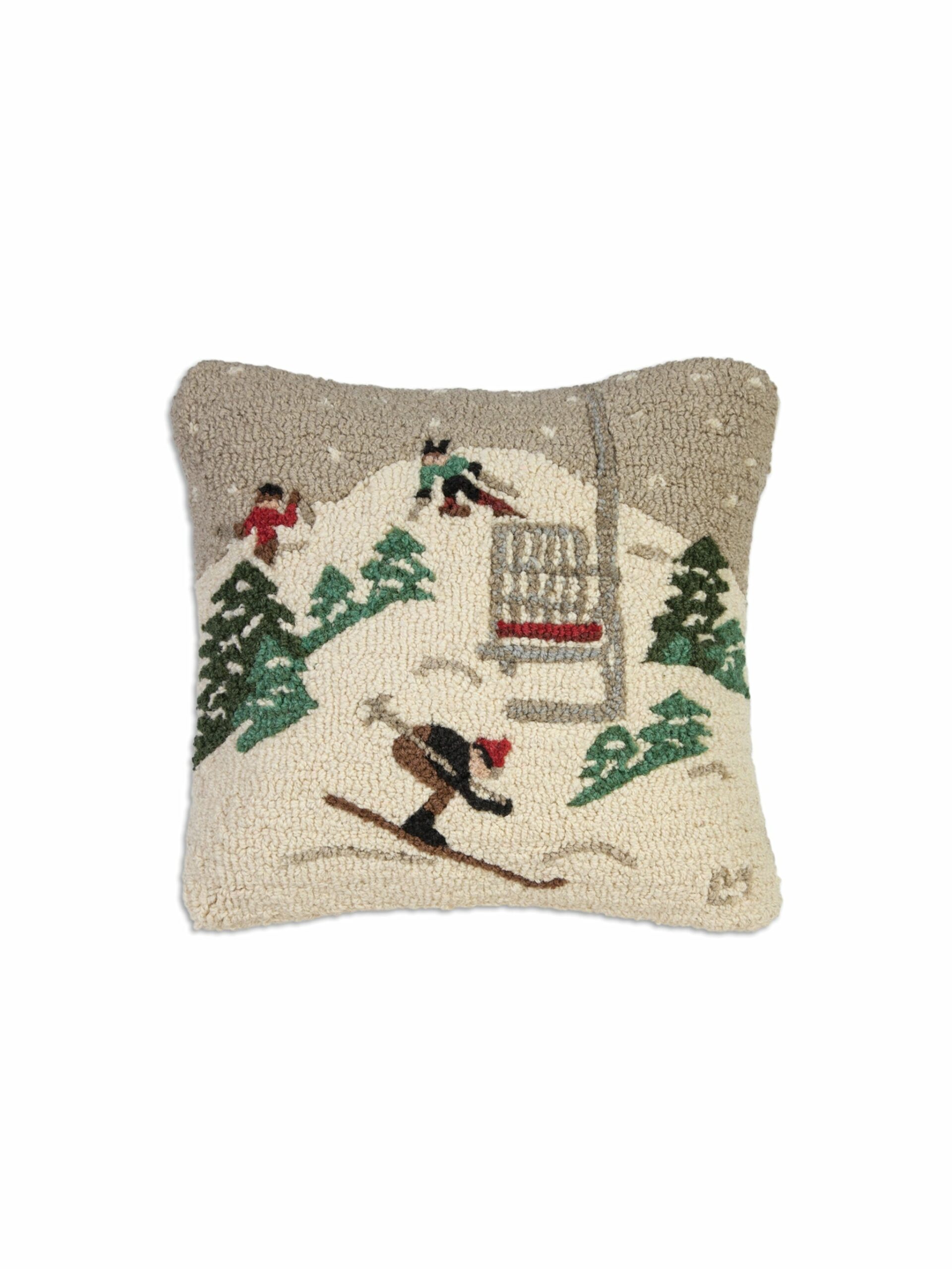 Single Chair Ski Lift Hooked Wool Square Pillow