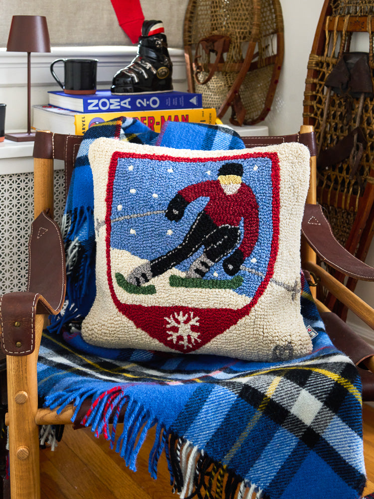 Skier Patch Hooked Wool Pillow