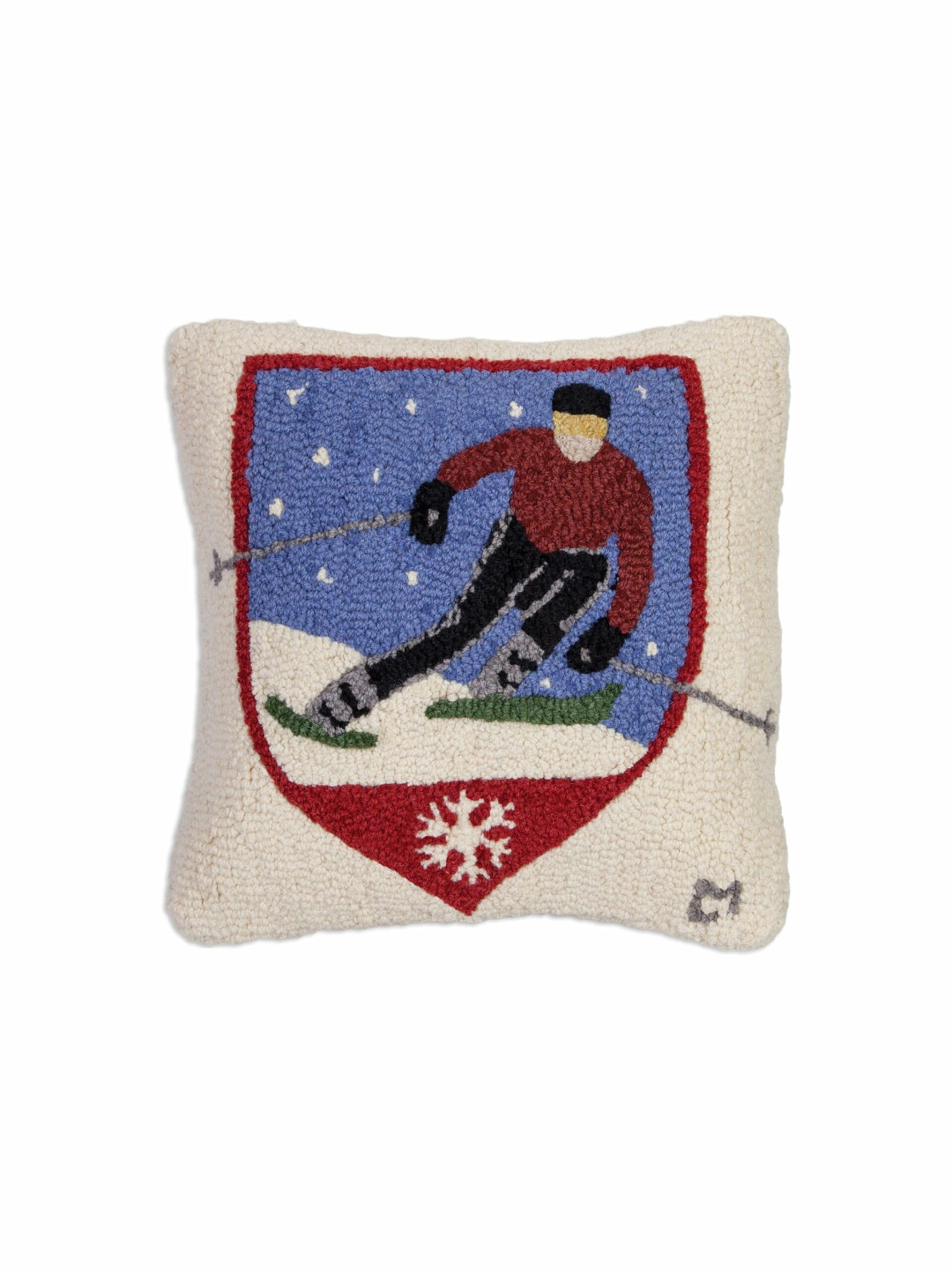 Skier Patch Hooked Wool Pillow