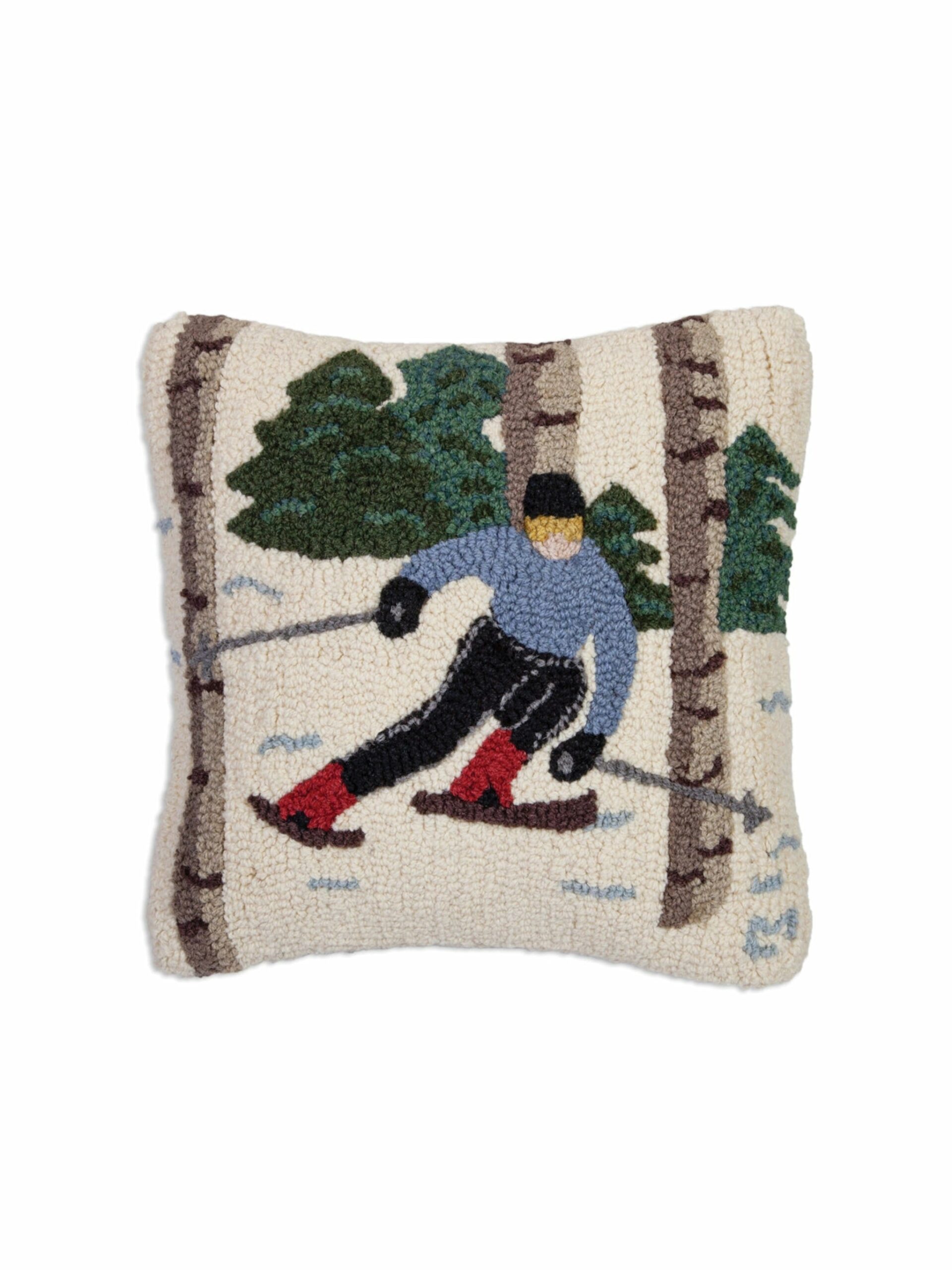 Skiing in the Trees Hooked Wool Pillow