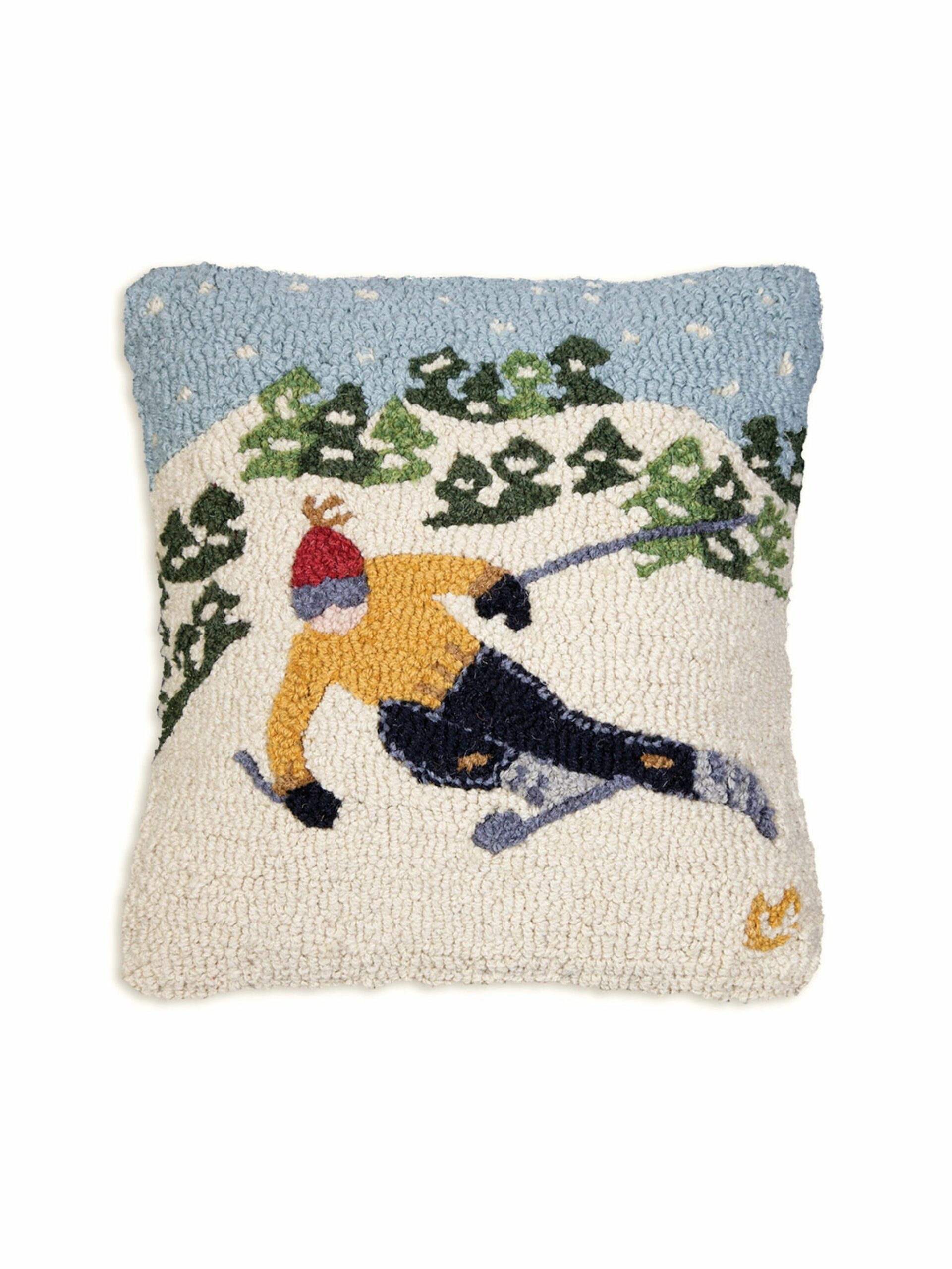 Tree Skier Hooked Wool Pillow