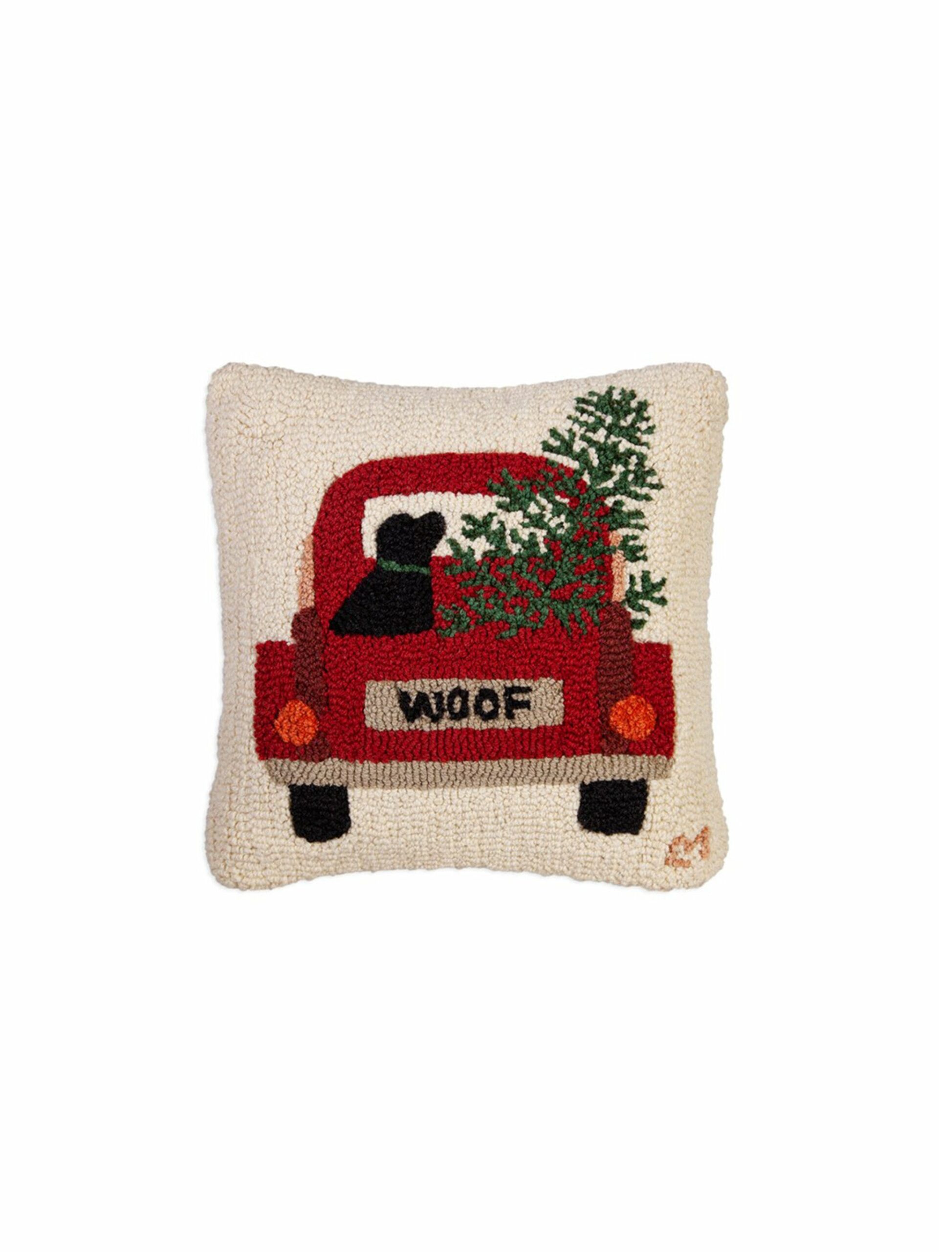 Tree Truck Lab Hooked Wool Square Pillow