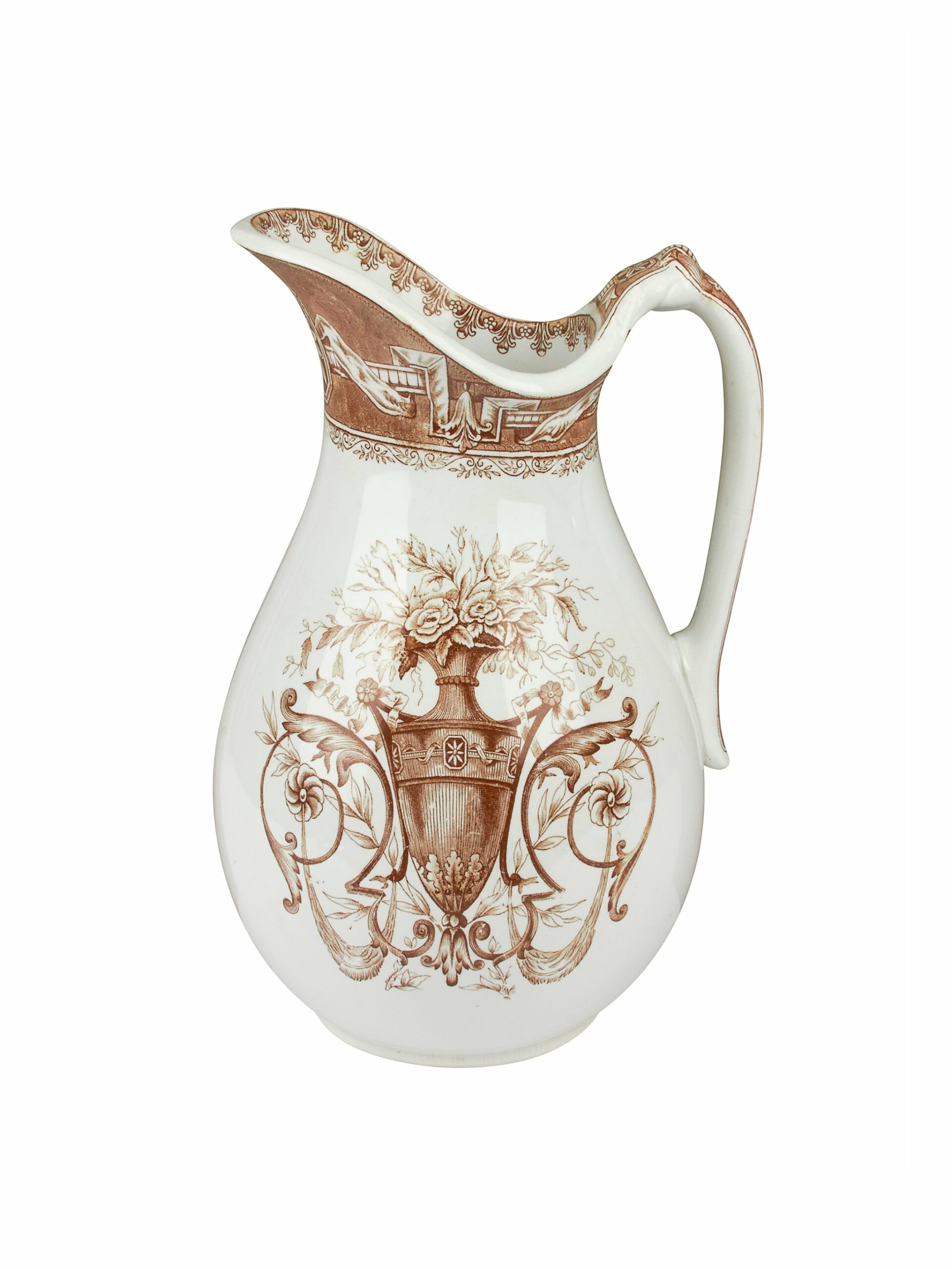 Vintage 1910s French Brown and White Transferware Pitcher