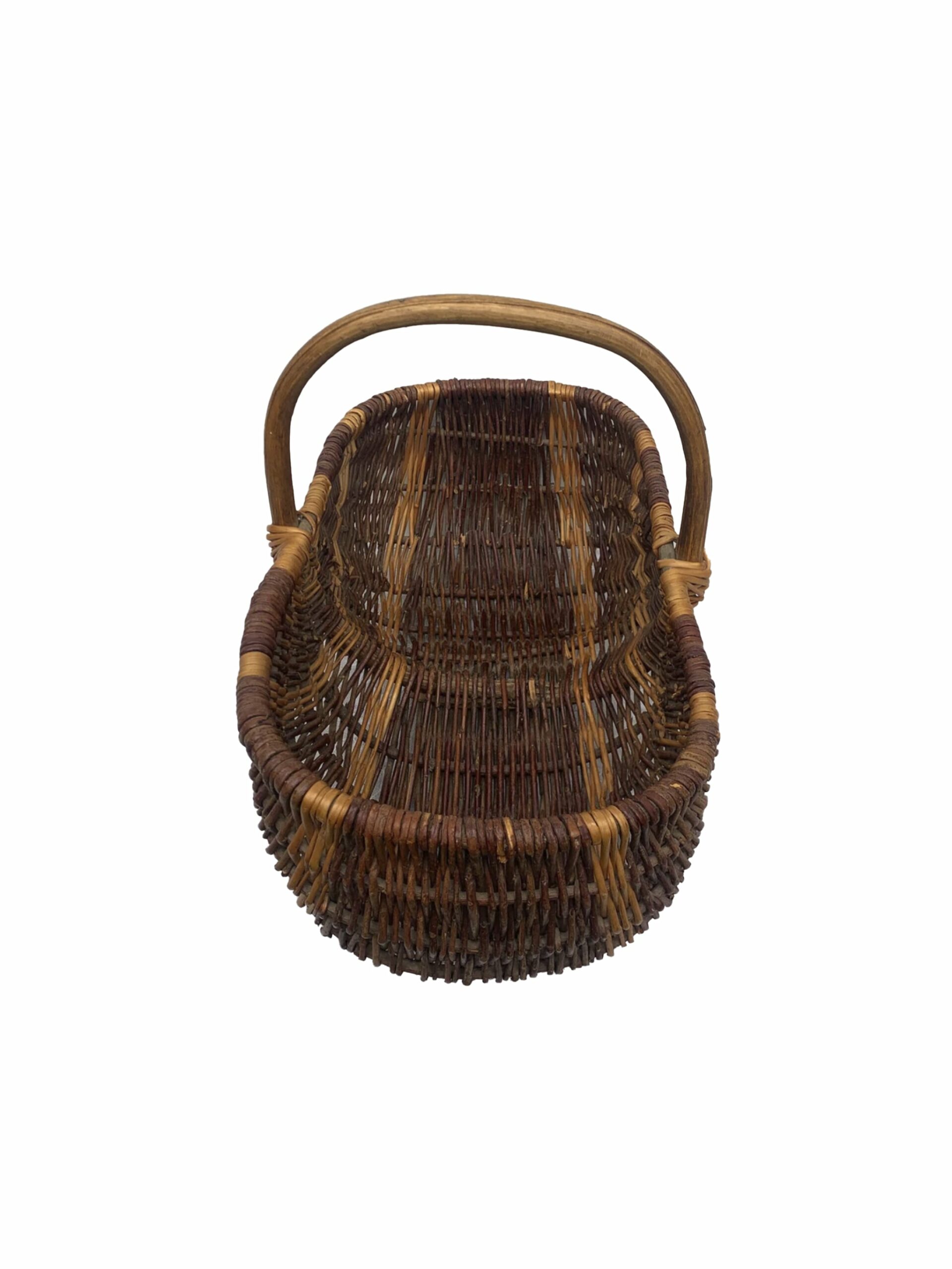 Vintage 1930s Striped Wicker Basket with Wood Handle