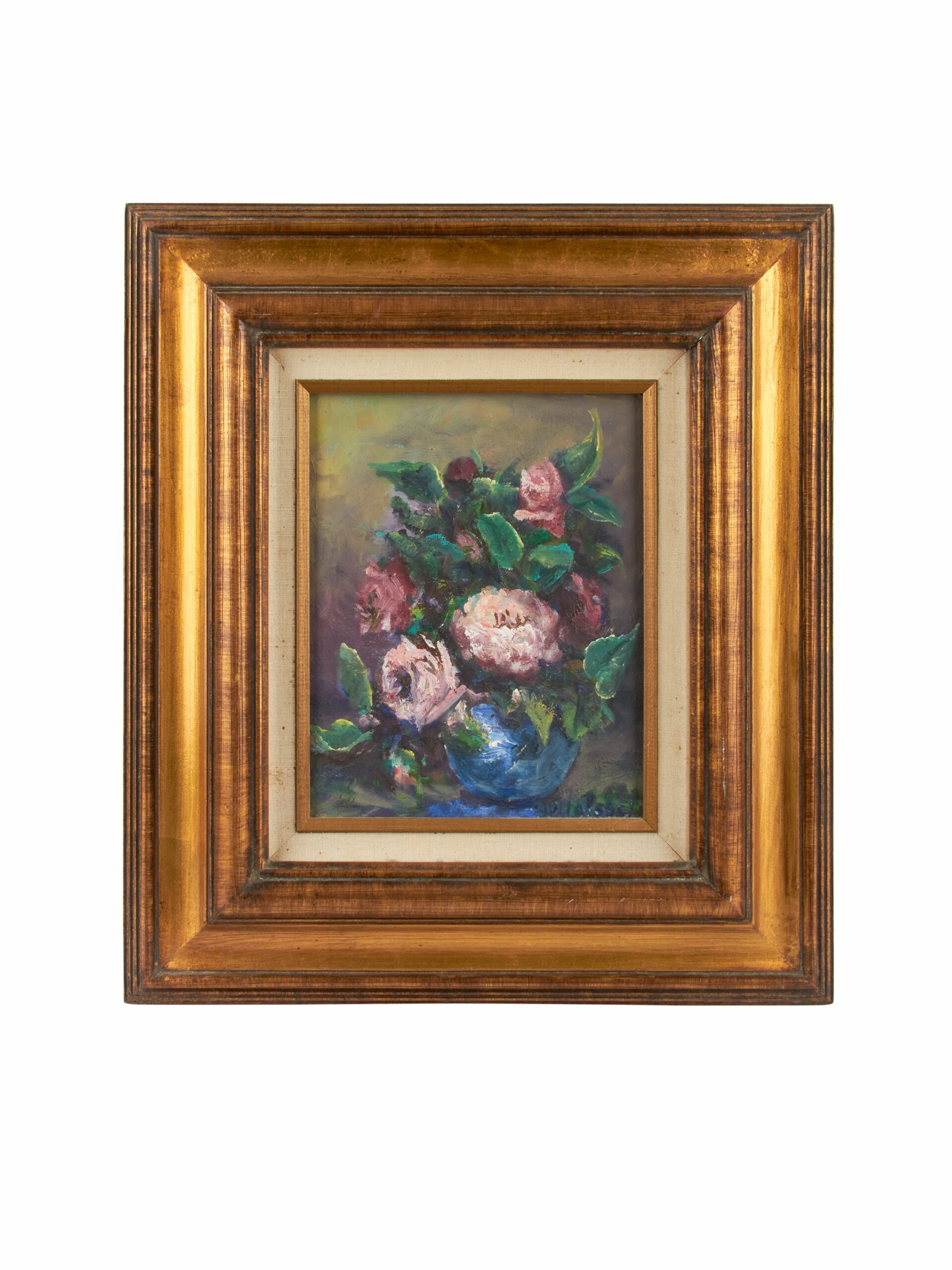 Vintage Garden Roses in Blue Vase Still Life Painting