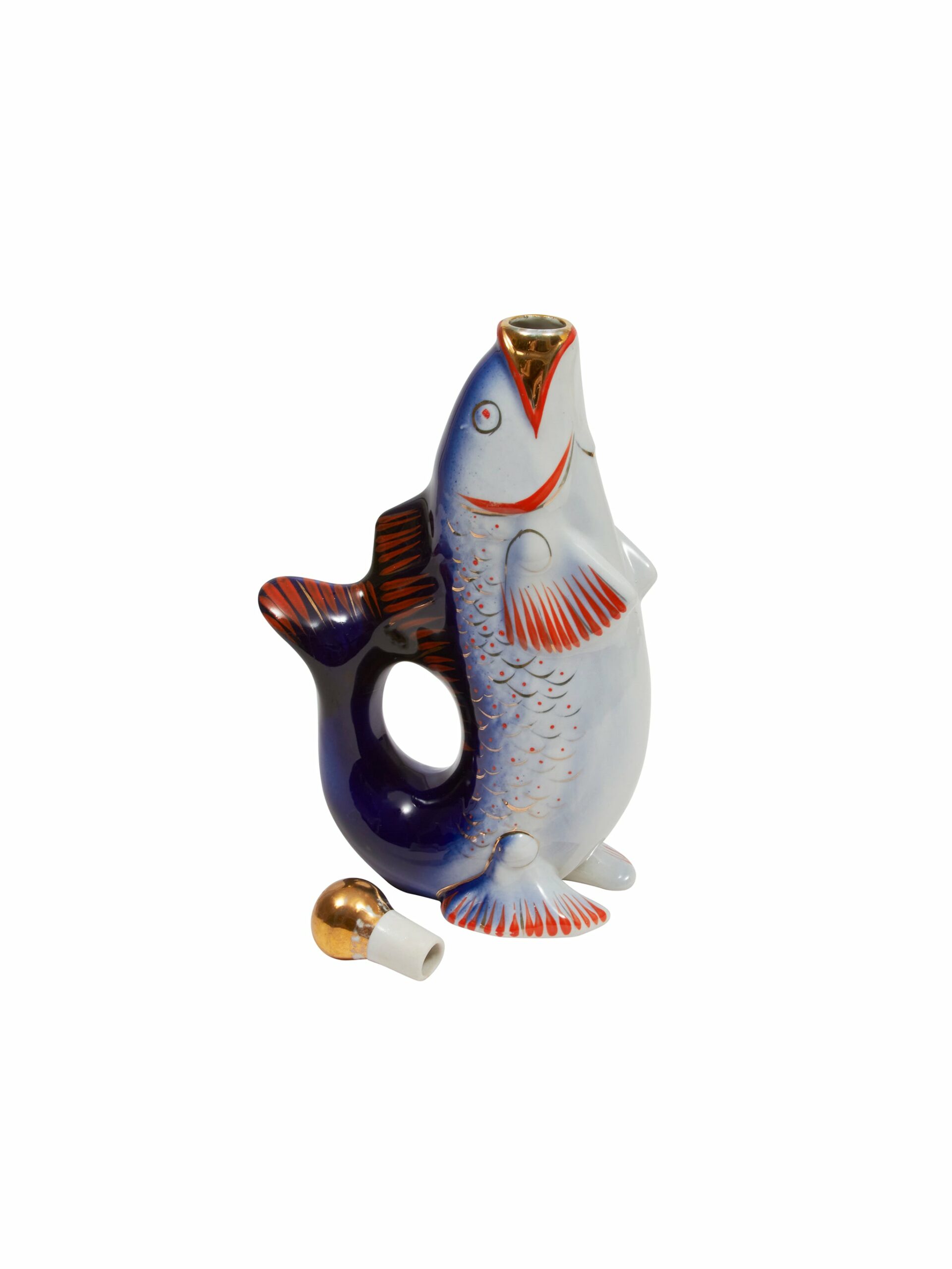 Vintage Retro Blue and Red Fish Pitcher and Shot Glass Set