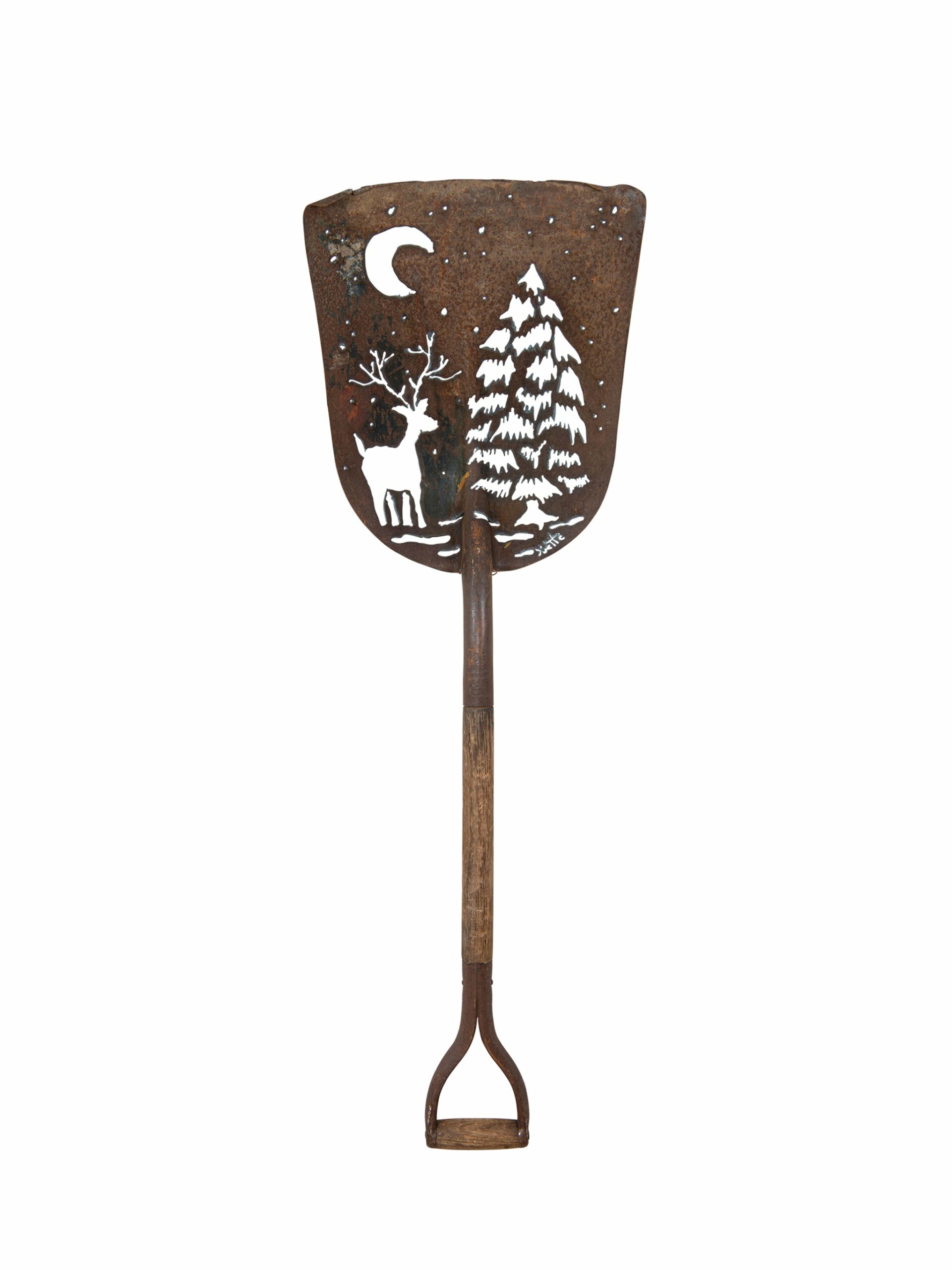 Winter Night Scene Vintage Garden Shovel Art